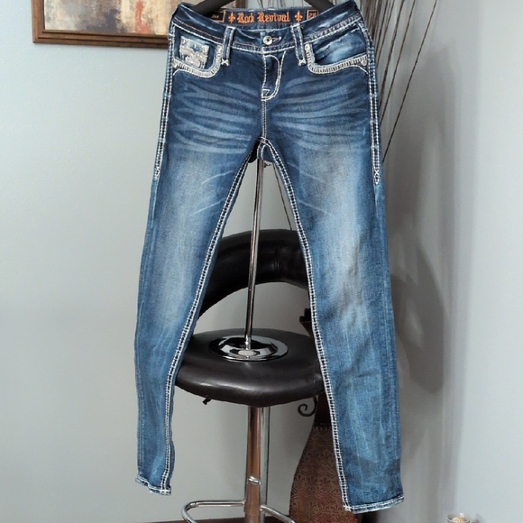 Rock Revival Denim - Rock Revival Jen Women's Blue Skinny Jeans with White Stitching